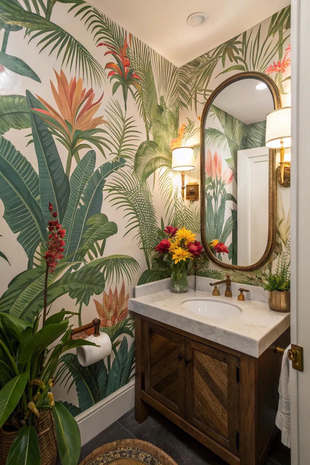 Exotic paradise-themed designs turn your guest bathroom into an exotic escape.