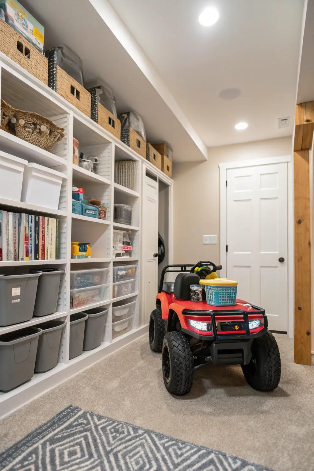Basement corners are great for storing electric ride-ons.