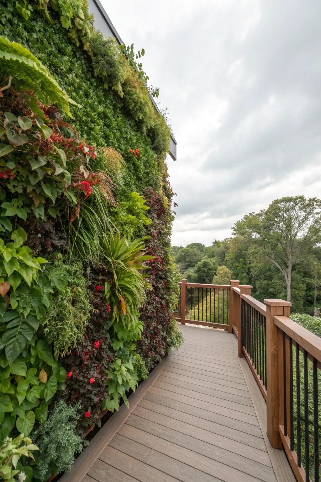 A densely packed verdant partition delivers an impressive solitude solution on a deck.