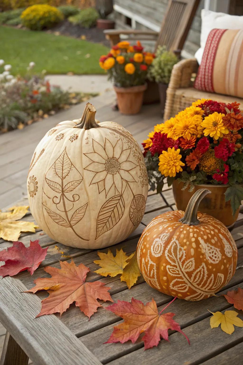 Celebrate autumn with elegant plant-inspired pumpkin designs.