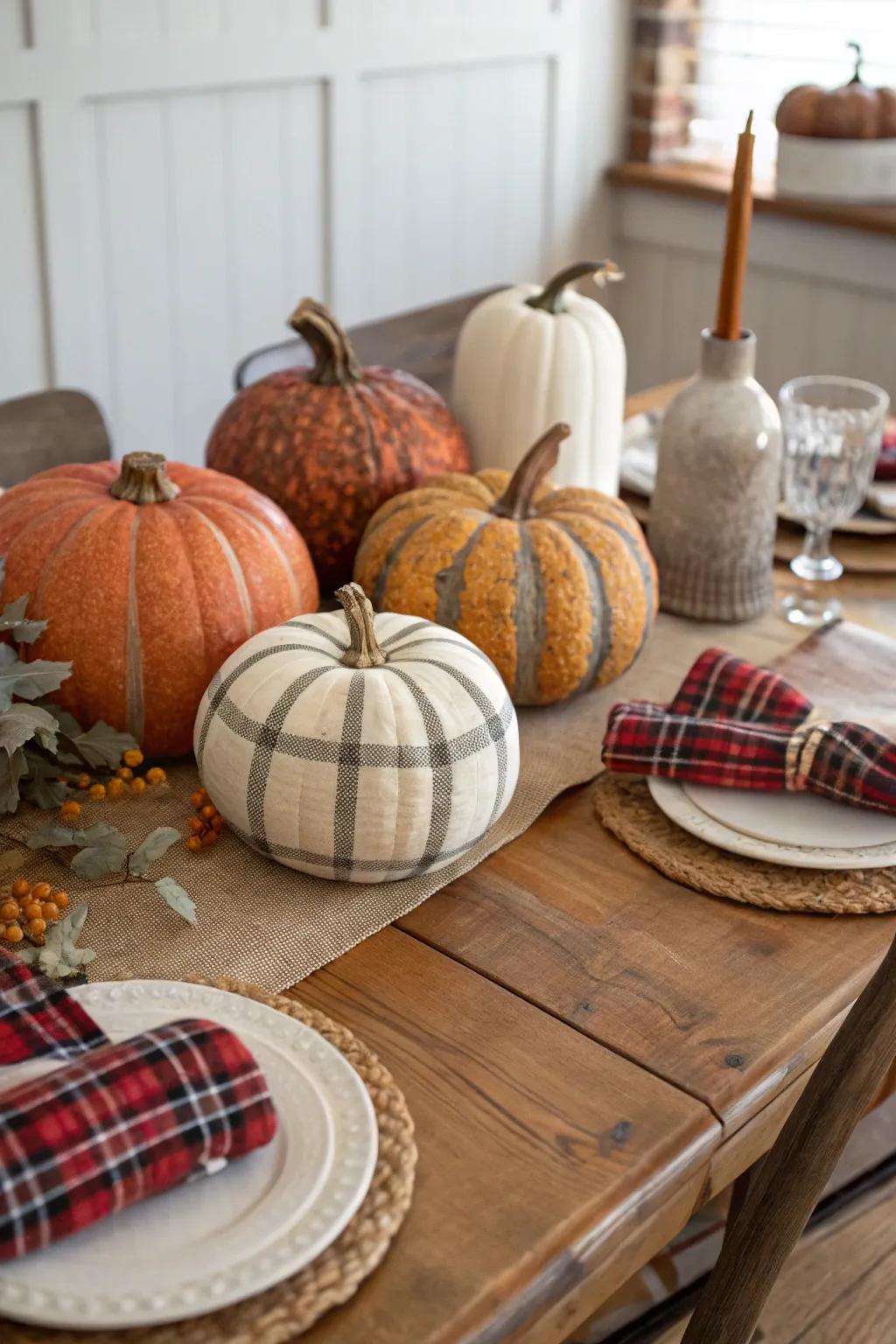Introduce country warmth to your space with plaid pattern pumpkins.