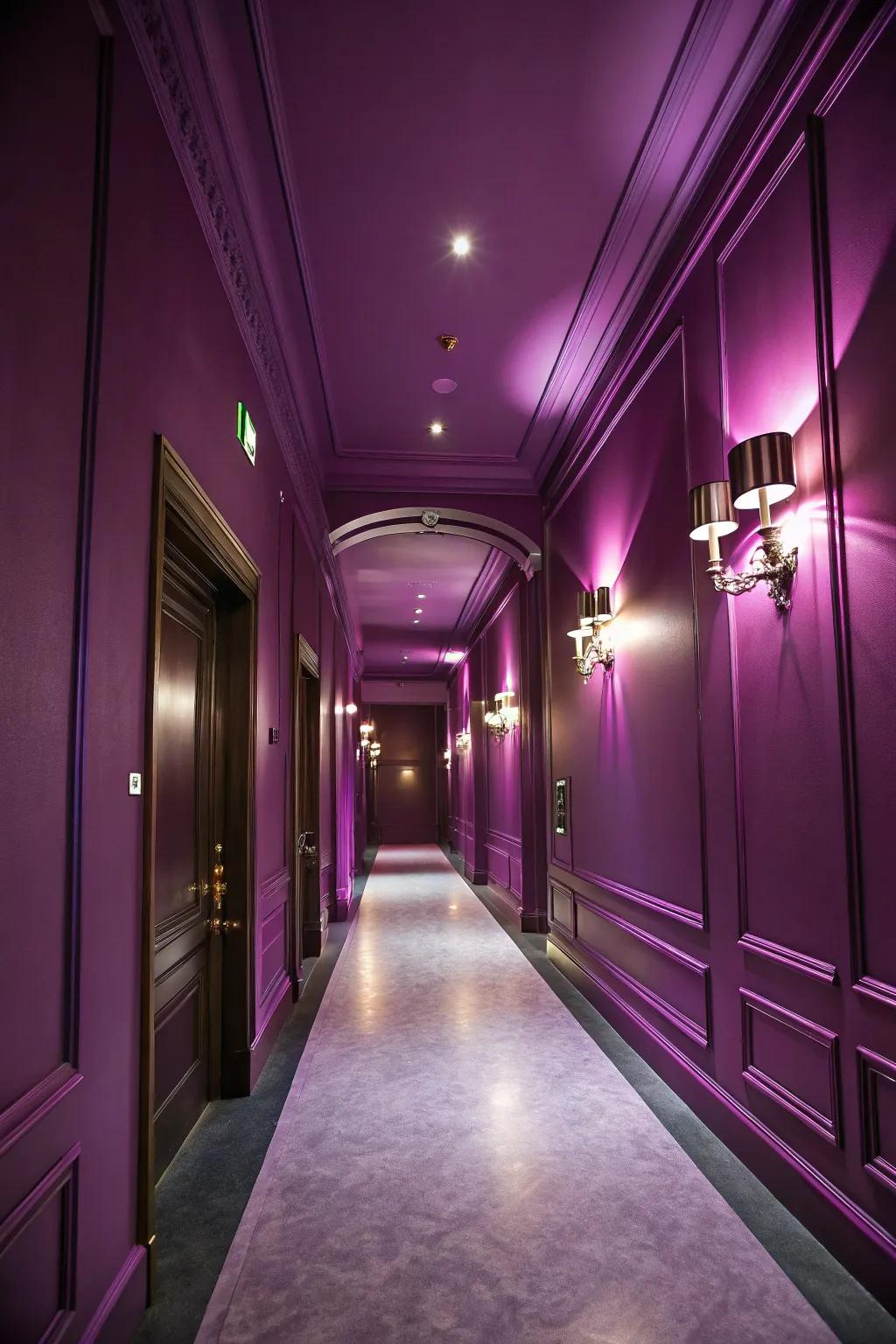 A dramatic hallway enhanced by bold purple walls.