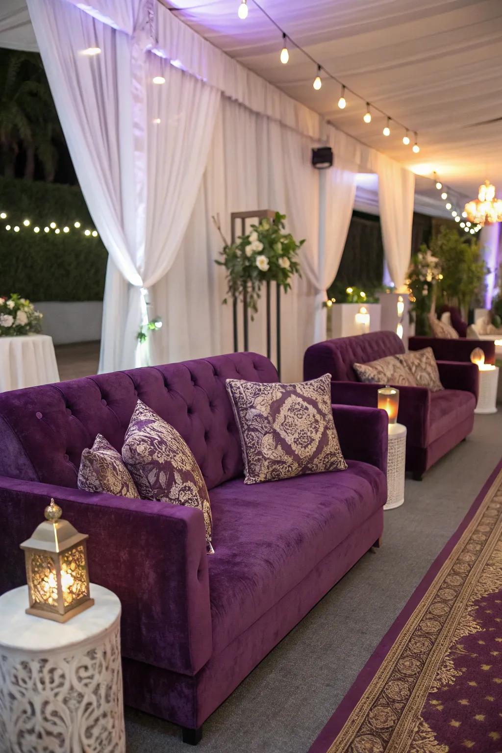A violet velvet comfort spot offers both ease and style.