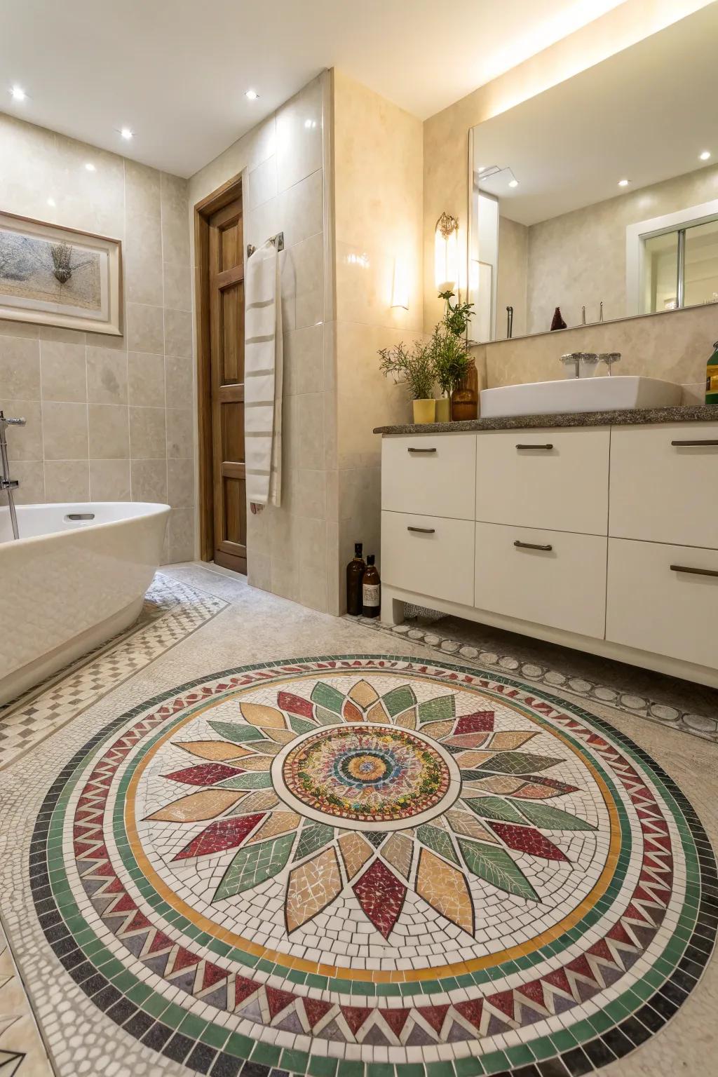 A bathroom enhanced by a radial mosaic tile design.