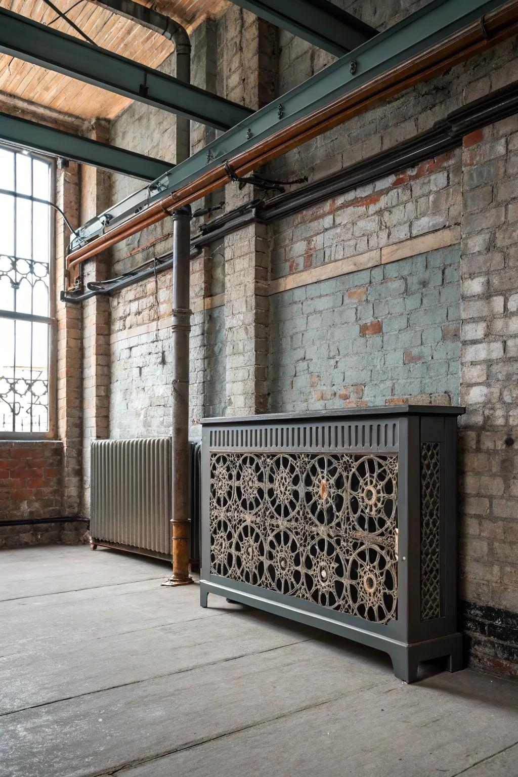 A metal grate design gives a radiator concealment an industrial edge.