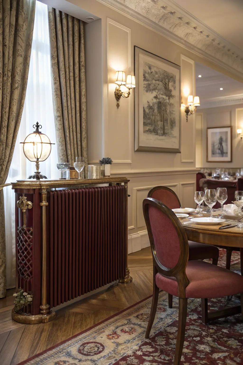 Lush burgundy radiators evoke opulent density.