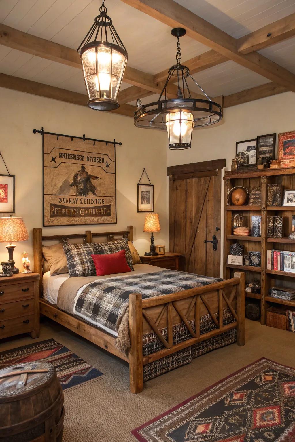 A bedroom featuring wrought iron lighting fixtures and country decor.