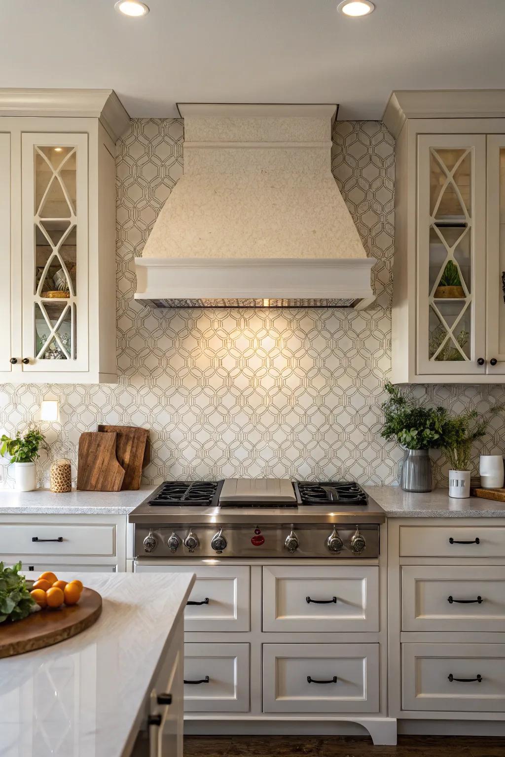 Kitchen showcasing a textured tile backsplash adding depth to a plain range hood.