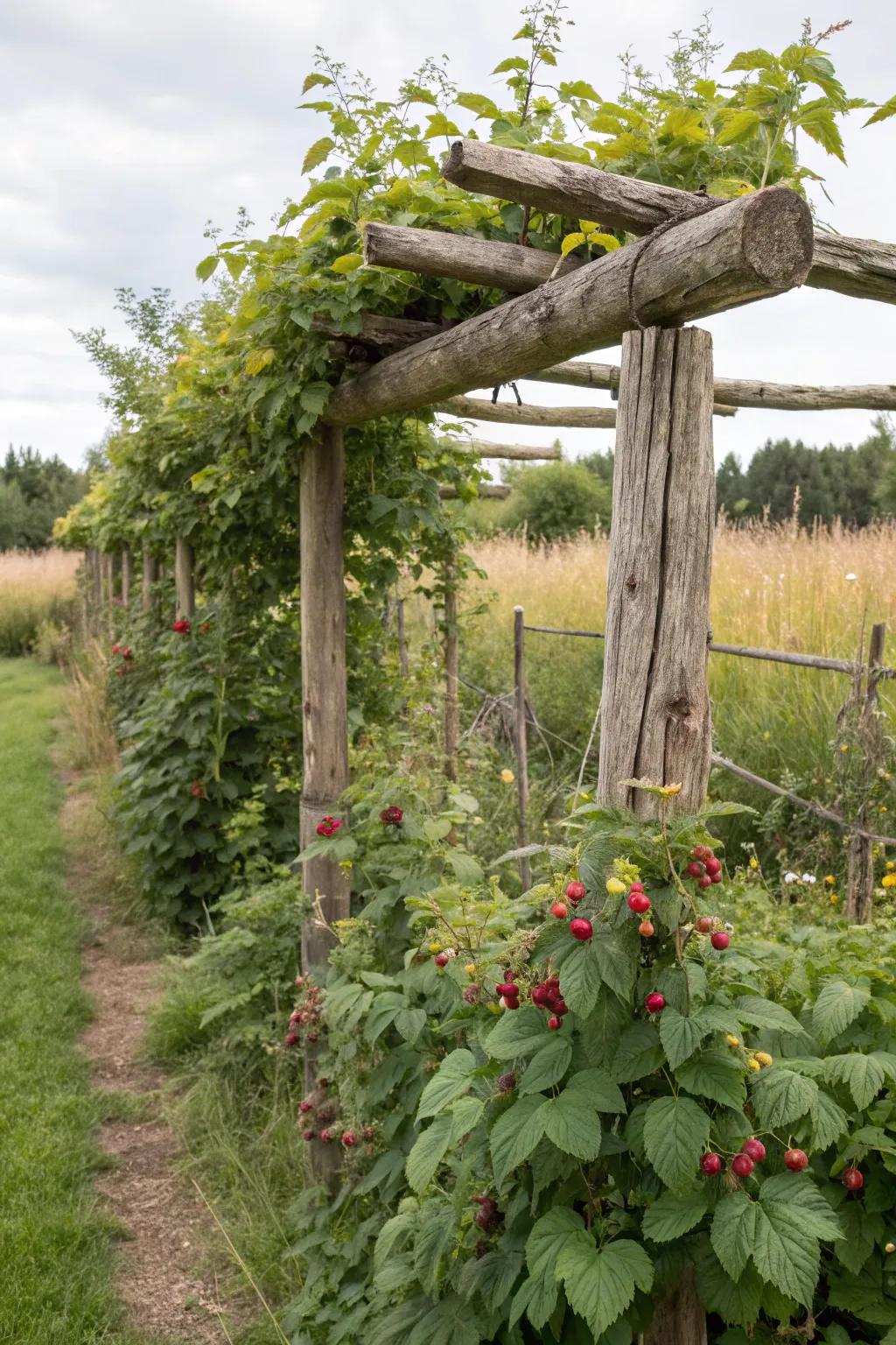 A raw wood trellis imparts personality and solidity to a raspberry space.