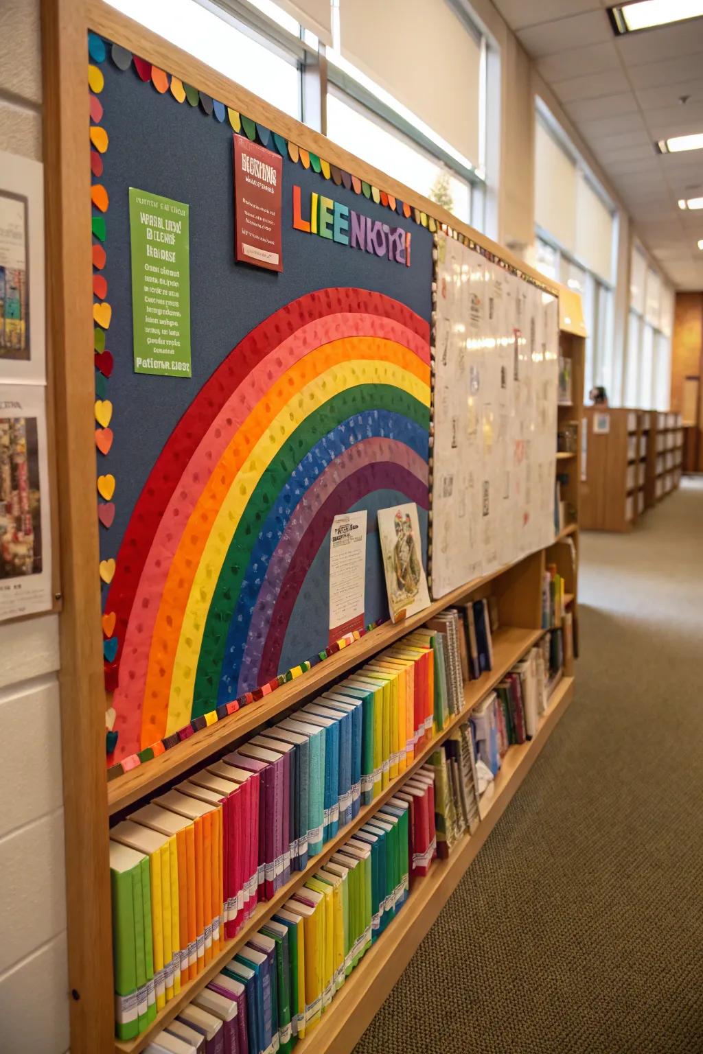 A colorful rainbow and book spines create a joyful and welcoming reading ambiance.