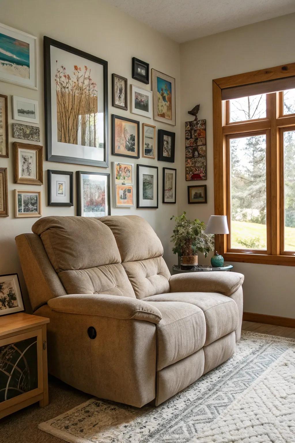 A gallery wall over the recliner sofa adding depth and personality.