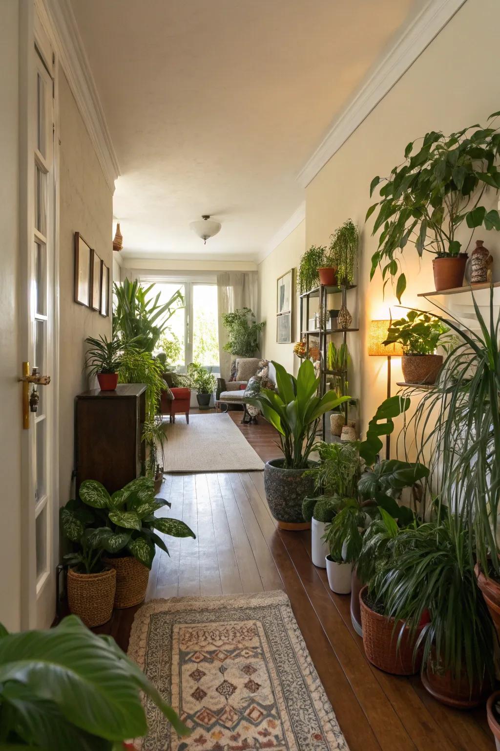 Plant life brings life and vibrancy to a slim living room.