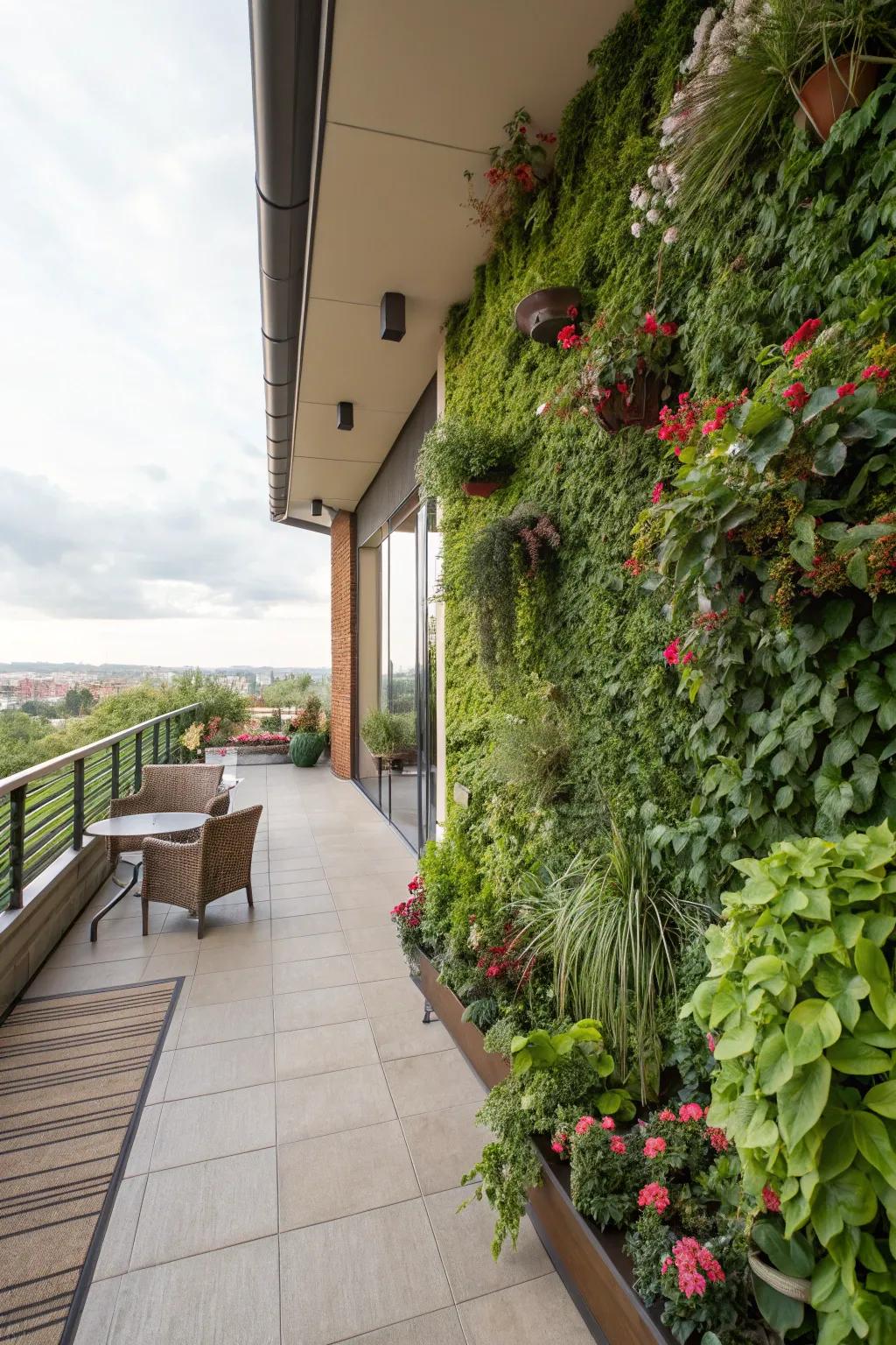 A greenery feature wall adds life and seclusion.