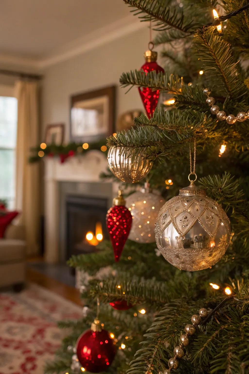 Vintage quicksilver glass contributes a nostalgic, reflective quality.
