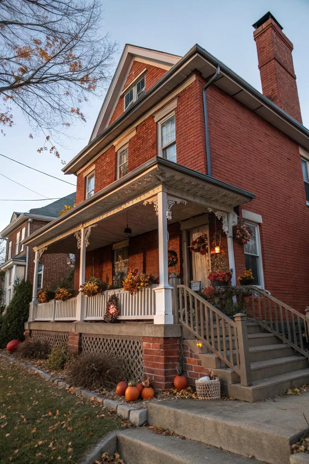 Seasonal decor adds charm to a red brick porch year-round.