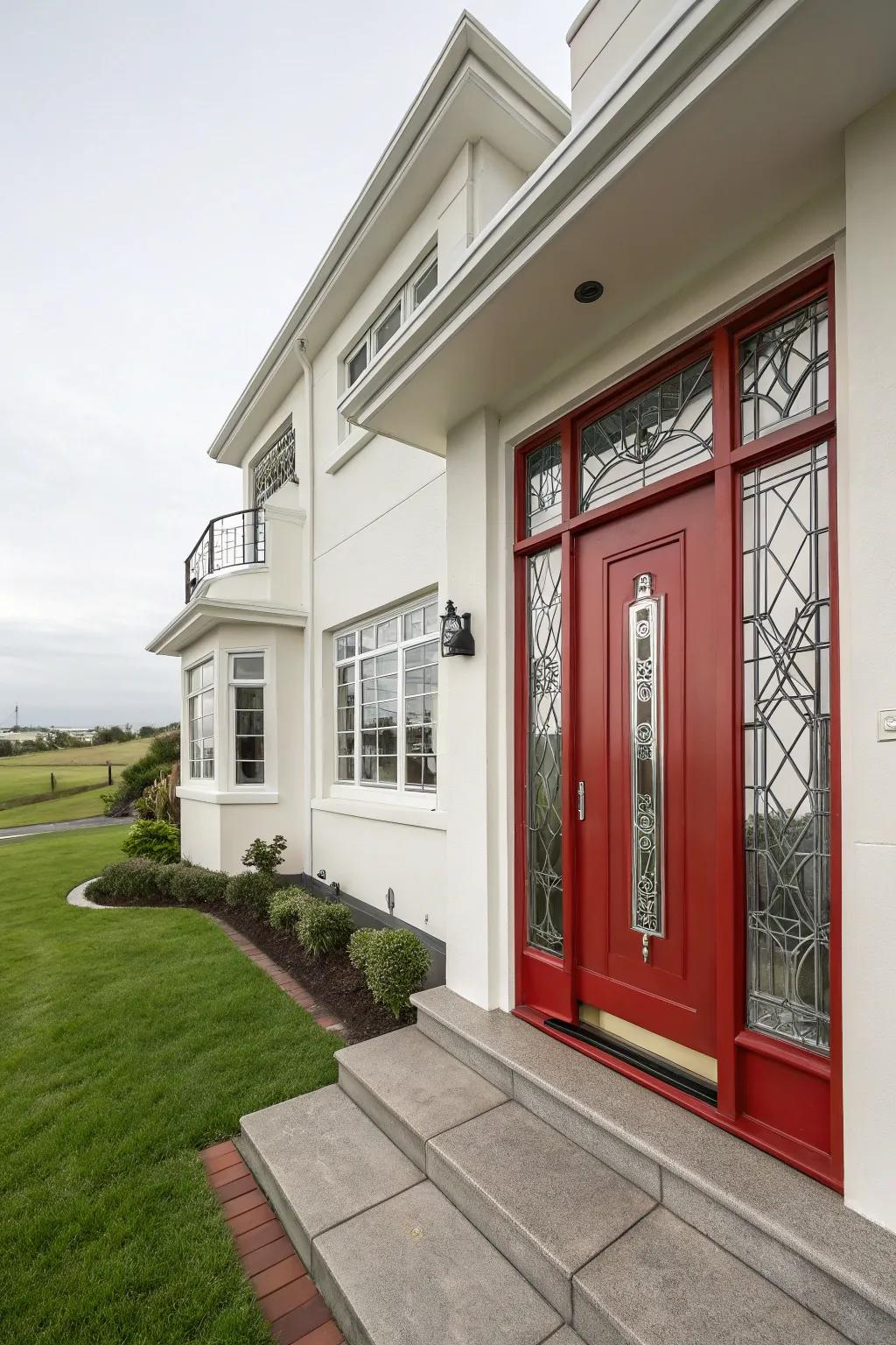 Art Deco home with a scarlet door, showcasing geometric details.