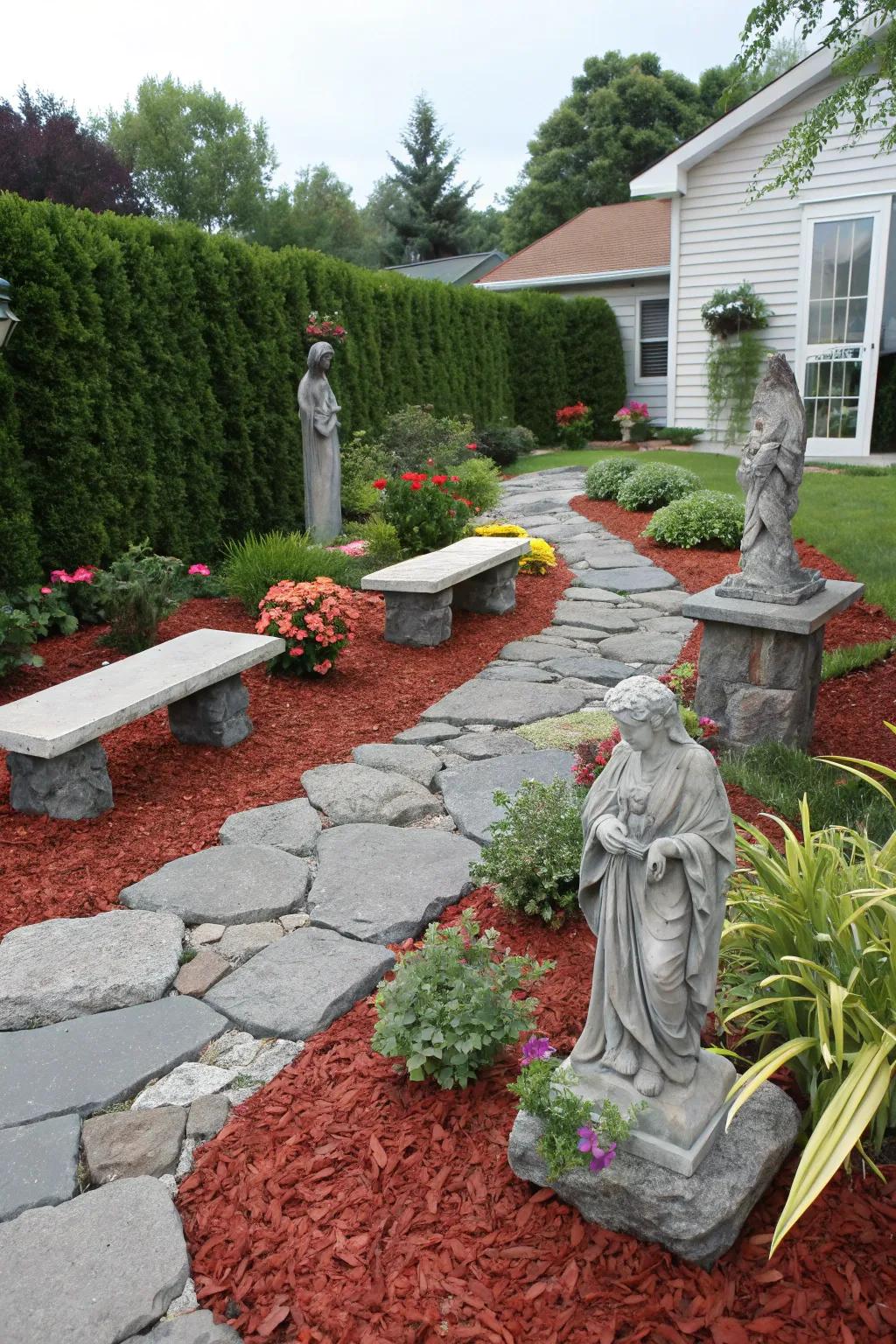 Garnet ground cover highlights stone elements, cultivating striking garden contrasts.
