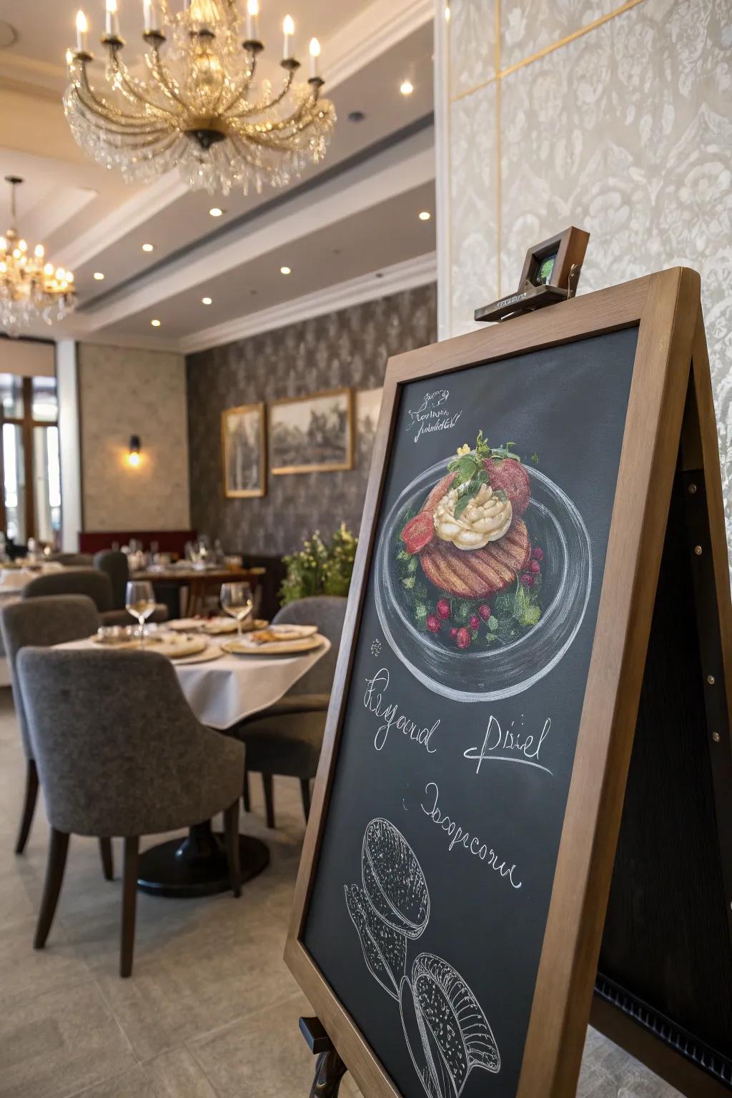 A chalkboard showing a detailed drawing of a specialty dish, adding elegance to the design.