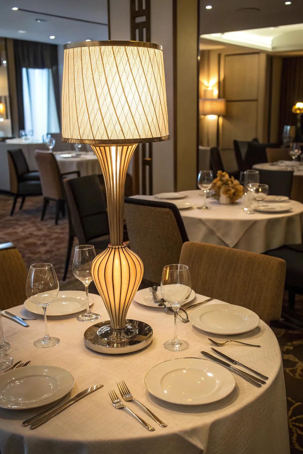 A sculptural table lamp as a centerpiece on an elegant restaurant table.