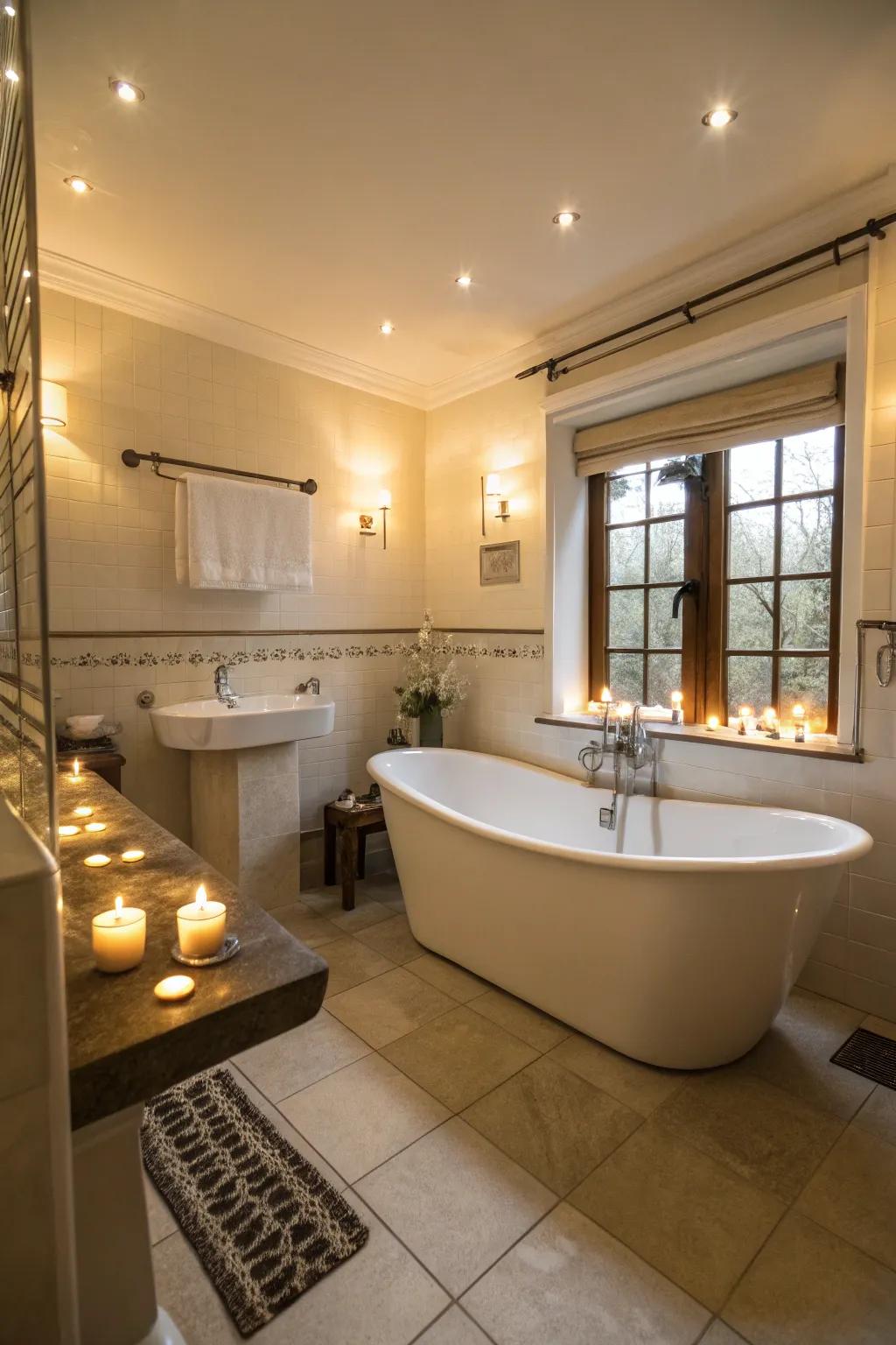 A stand-alone tub acts as a sculptural centerpiece.