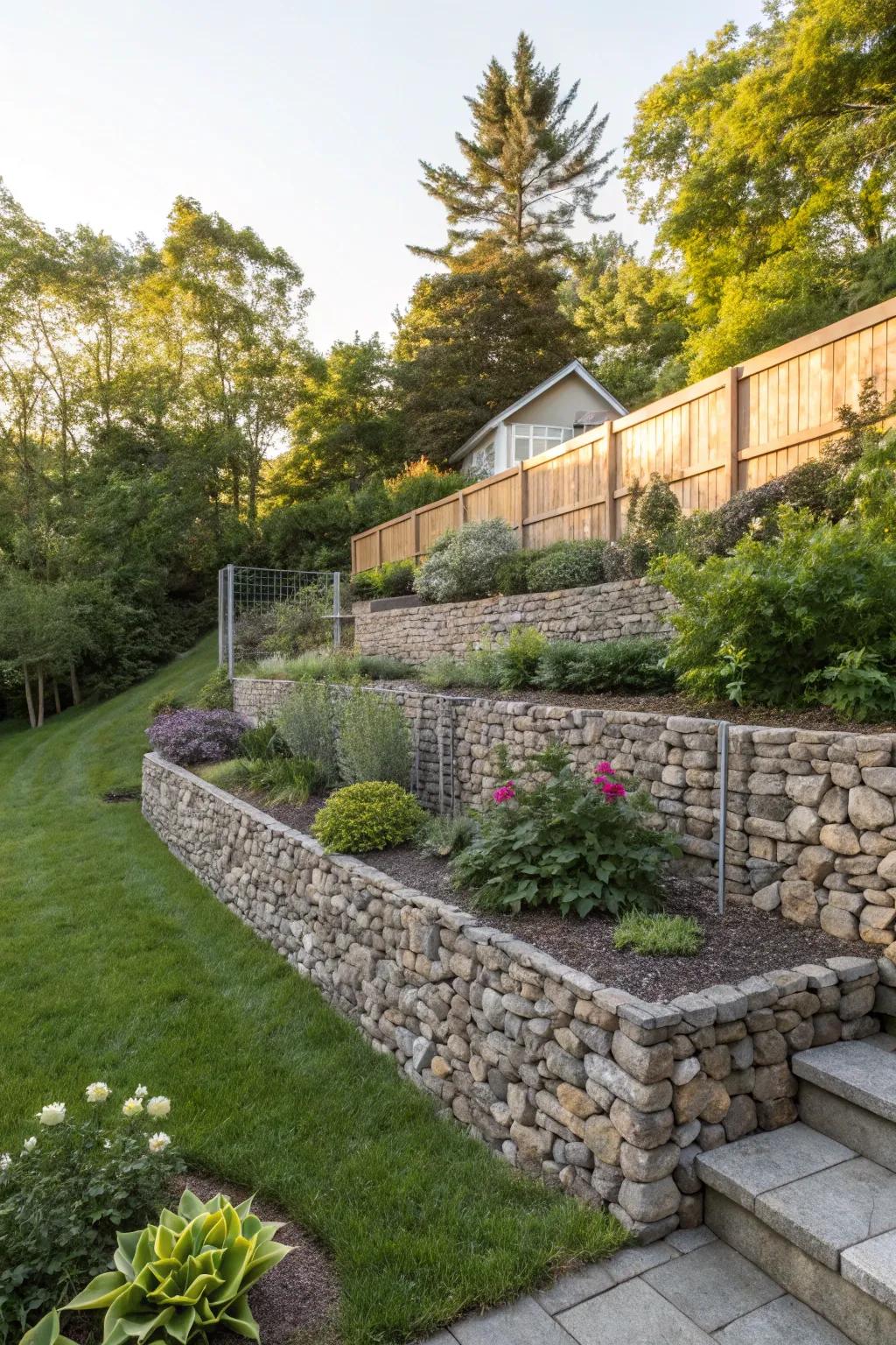 Mesh-enclosed stone structures deliver a modern, industrial aesthetic through organic components.
