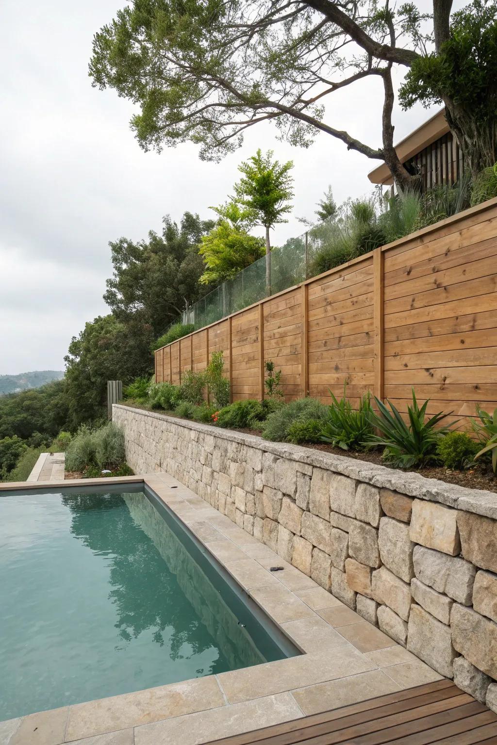 Warm wood accents added to a retaining wall design.