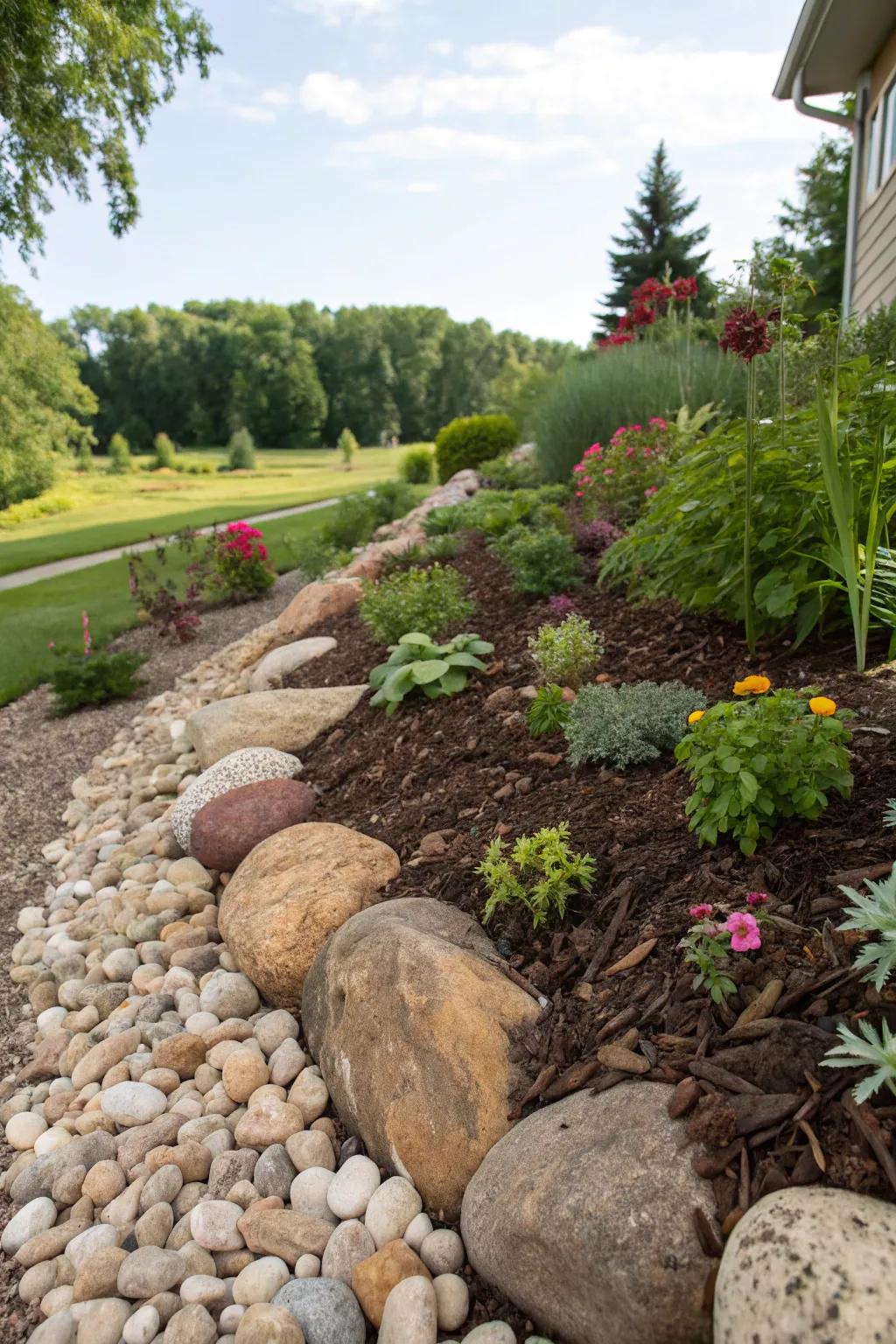 Layered smooth stones and ground cover create a vibrant and visually appealing garden bed.