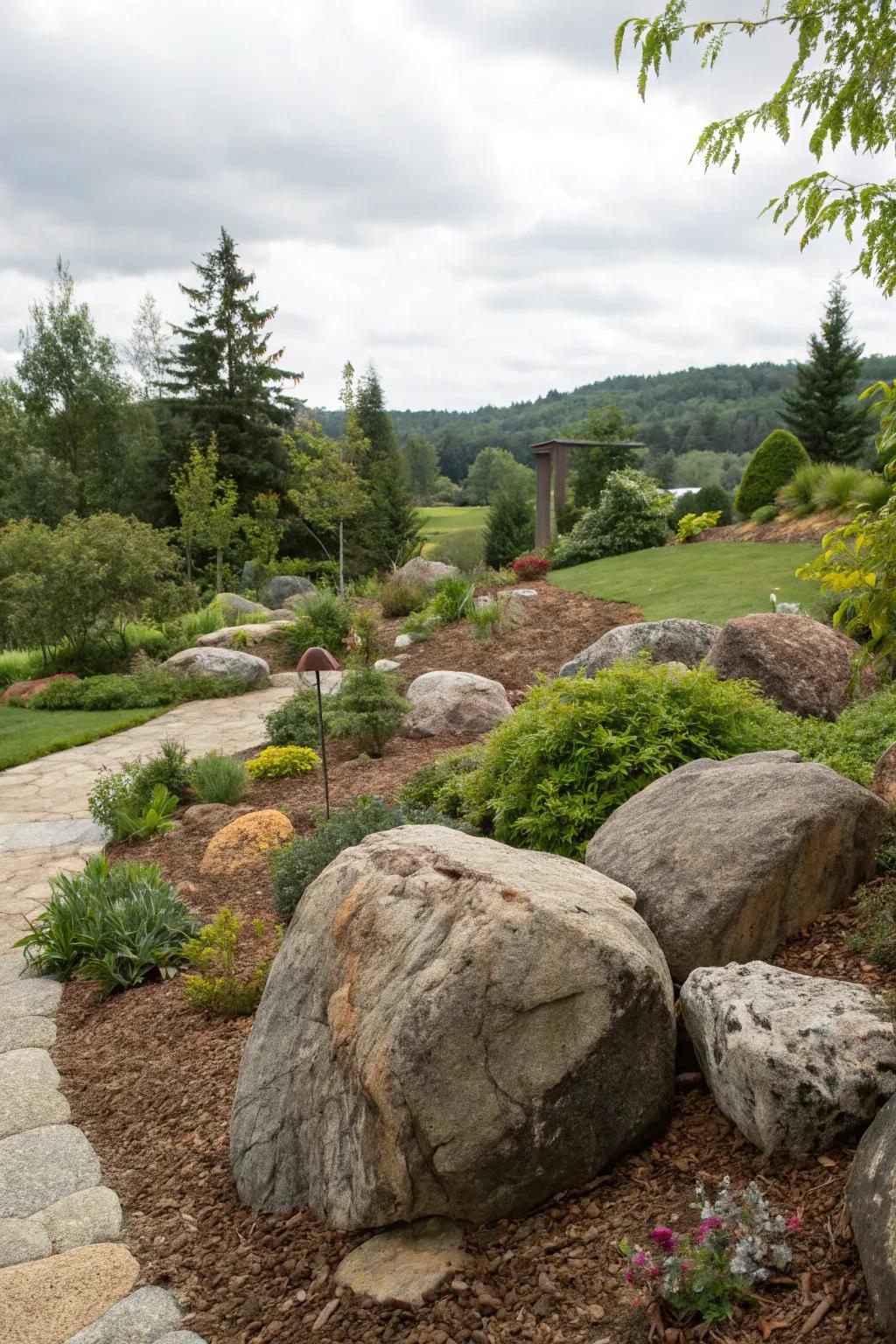 Large boulders stand out as natural sculptures in the landscape.