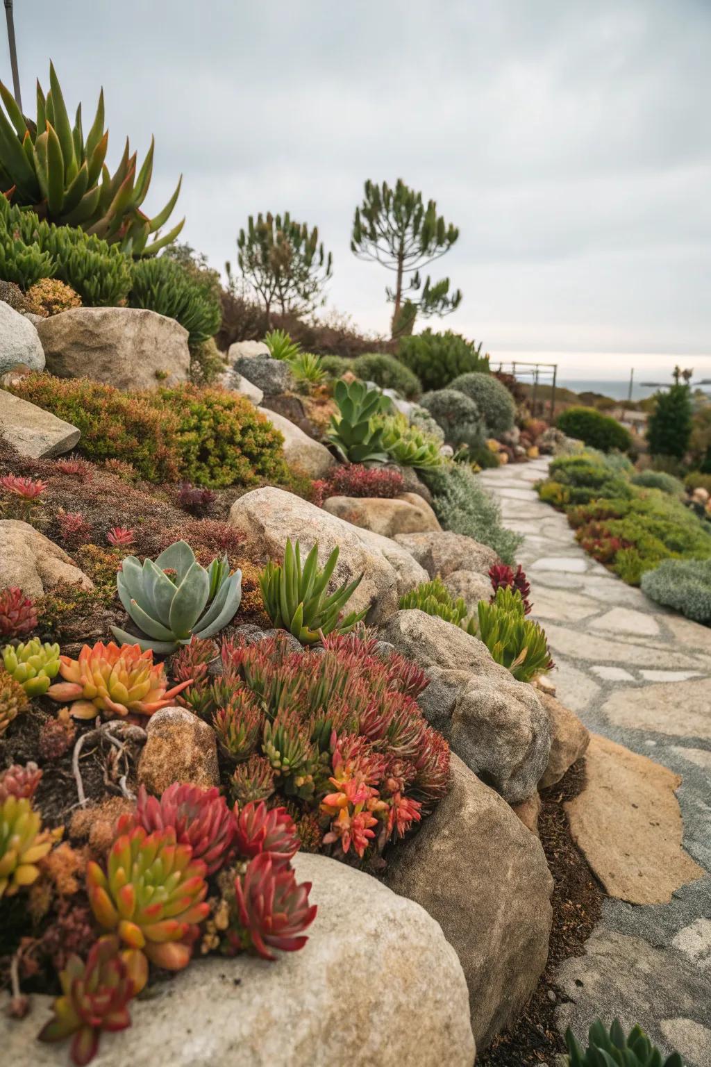 Succulents and stones create a dynamic and colorful display.