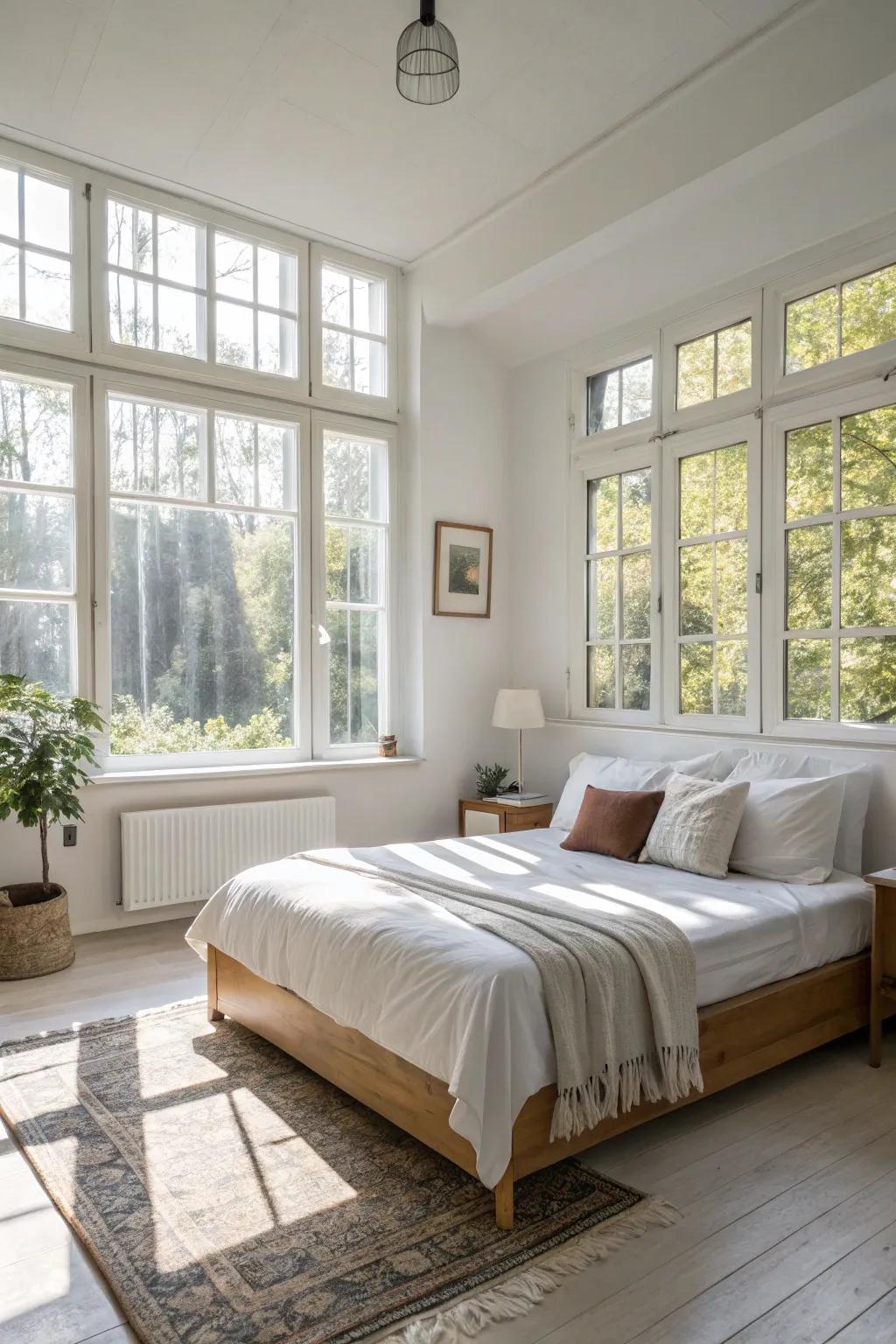 Open spaces filled with natural light create a serene and airy bedroom environment.