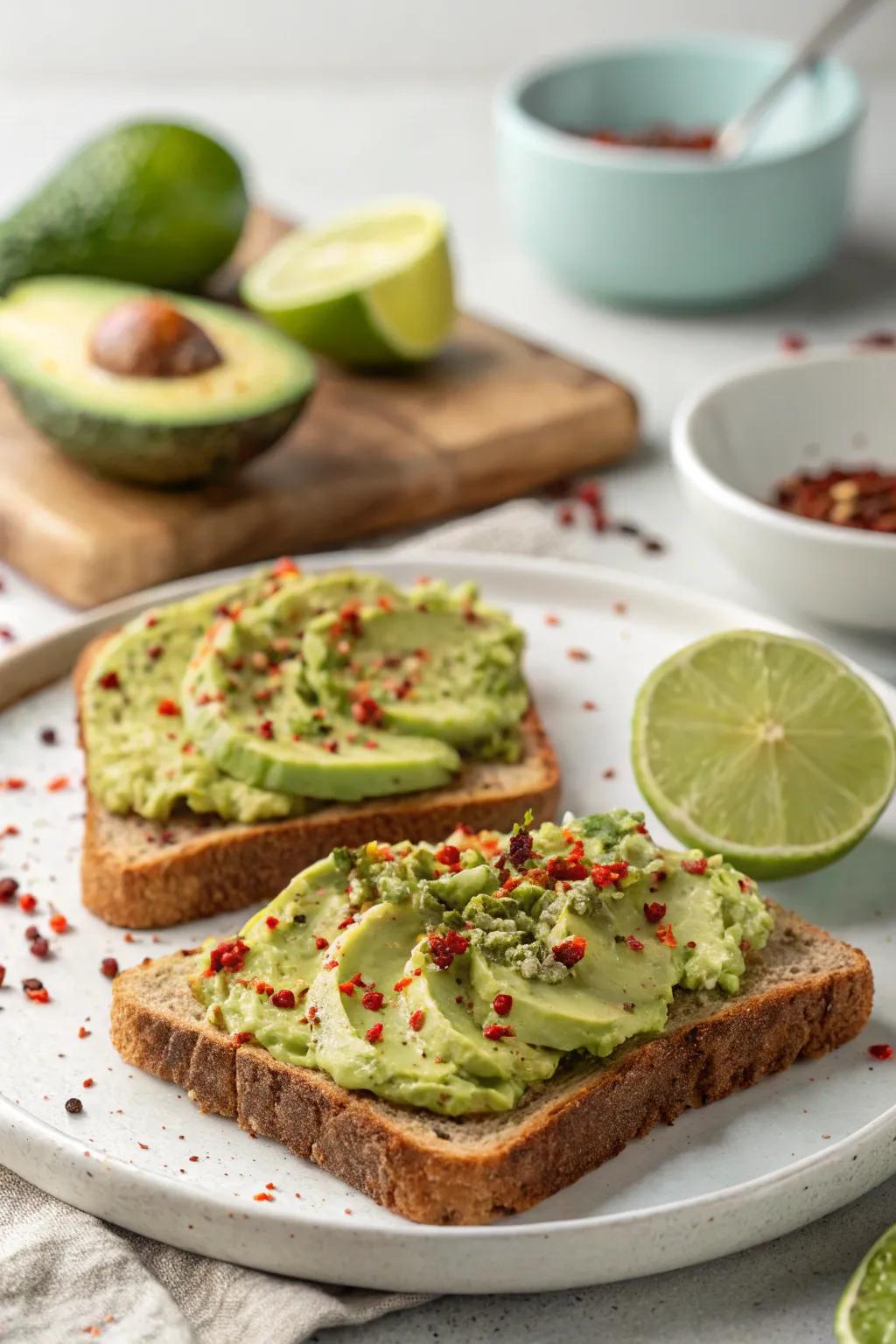 Smashed avocado toast with a kick is both trendy and tasty.