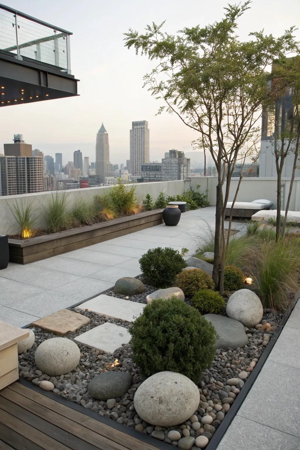 A tranquil rooftop Zen garden sanctuary.