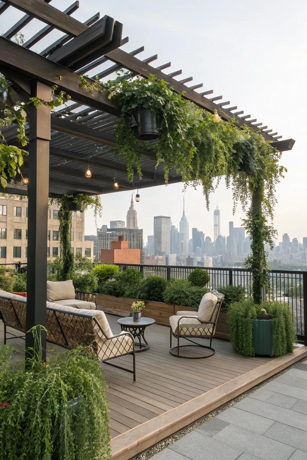 A pergola offers shade and architectural interest to a rooftop area.