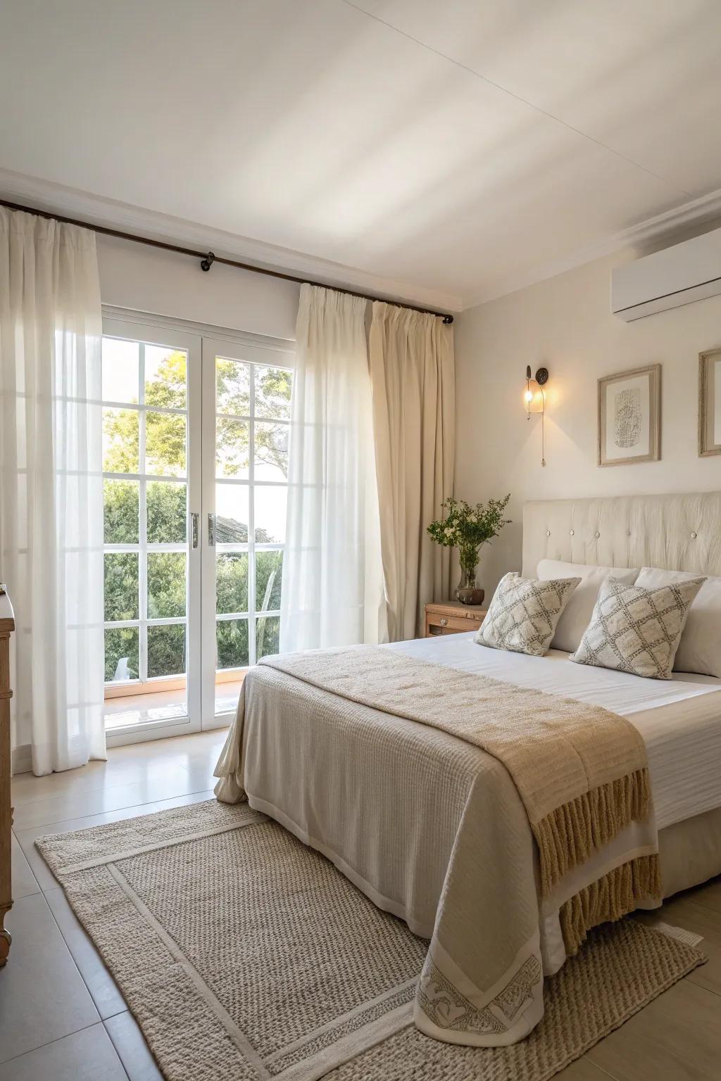 A bright and airy bedroom with neutral colors and cozy accents.