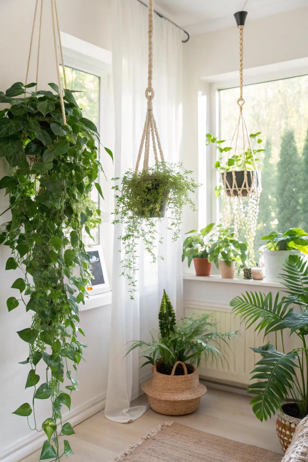 Hanging plants create a natural, lively room divider that refreshes any space.