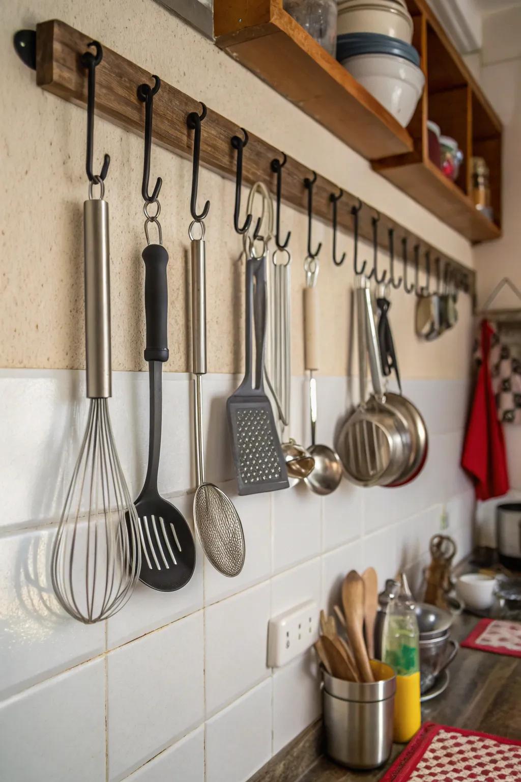 Hooks provide simple, practical storage options throughout the house.