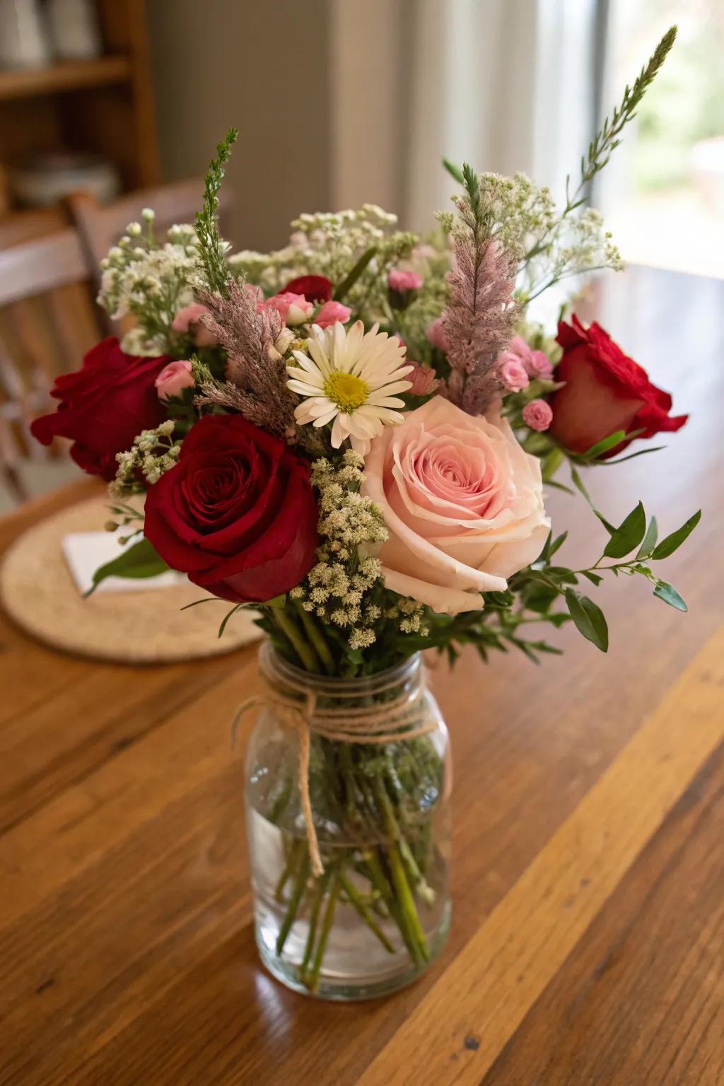 Rustic appeal with roses and wildflowers.