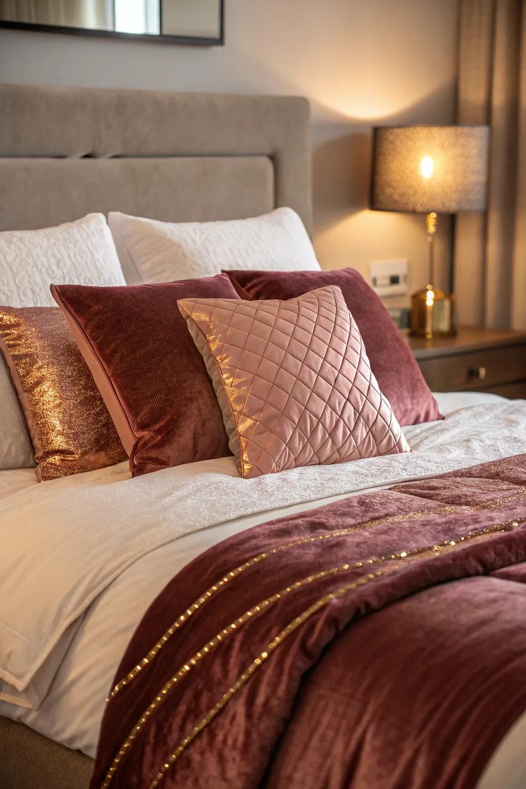 Wine and pink-tinted gold pillows add comfort and style to the bedding.