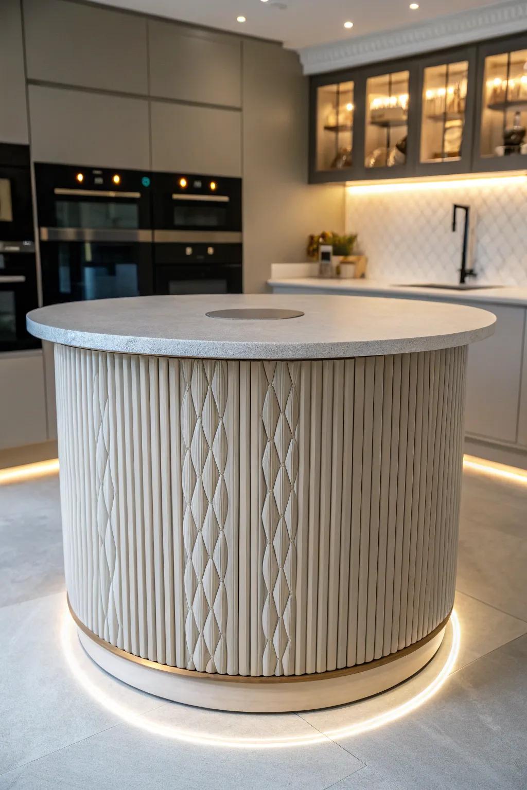 Grooved designs provide texture and sophistication to a circular kitchen island.