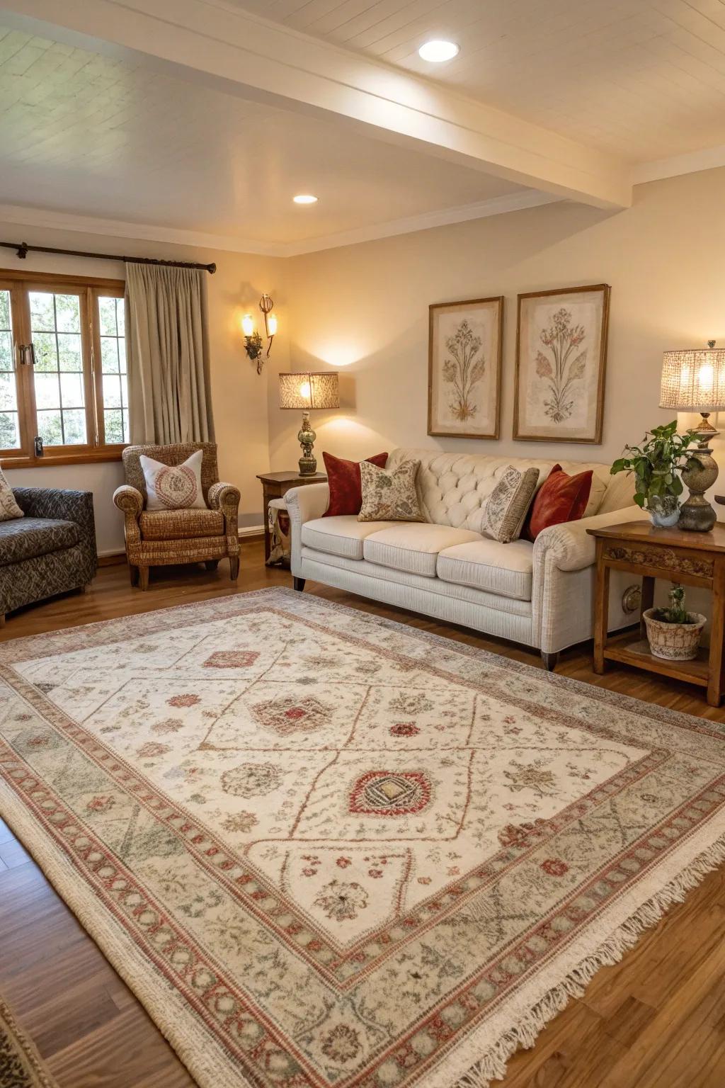 Balancing rug sizes makes for a visually pleasing room.