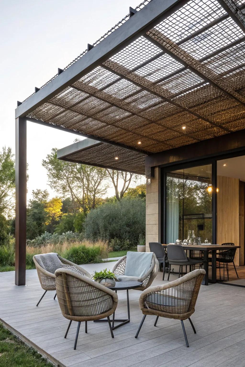 Metal mesh awnings allow shade and airflow.
