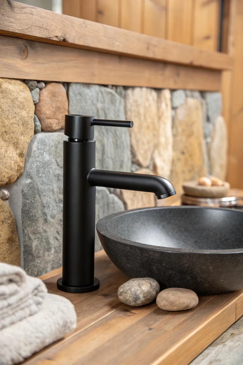 Flat black water spouts deliver a contemporary rustic vibe.