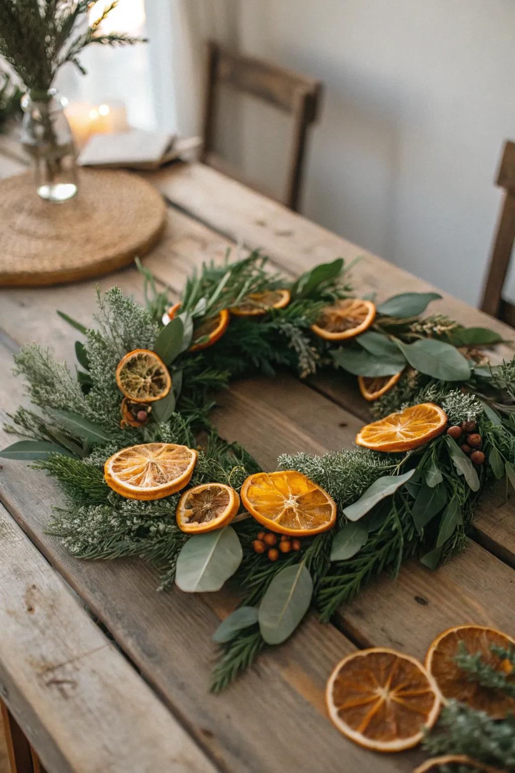 Cut dried oranges bring color and aroma to the rural wreath.