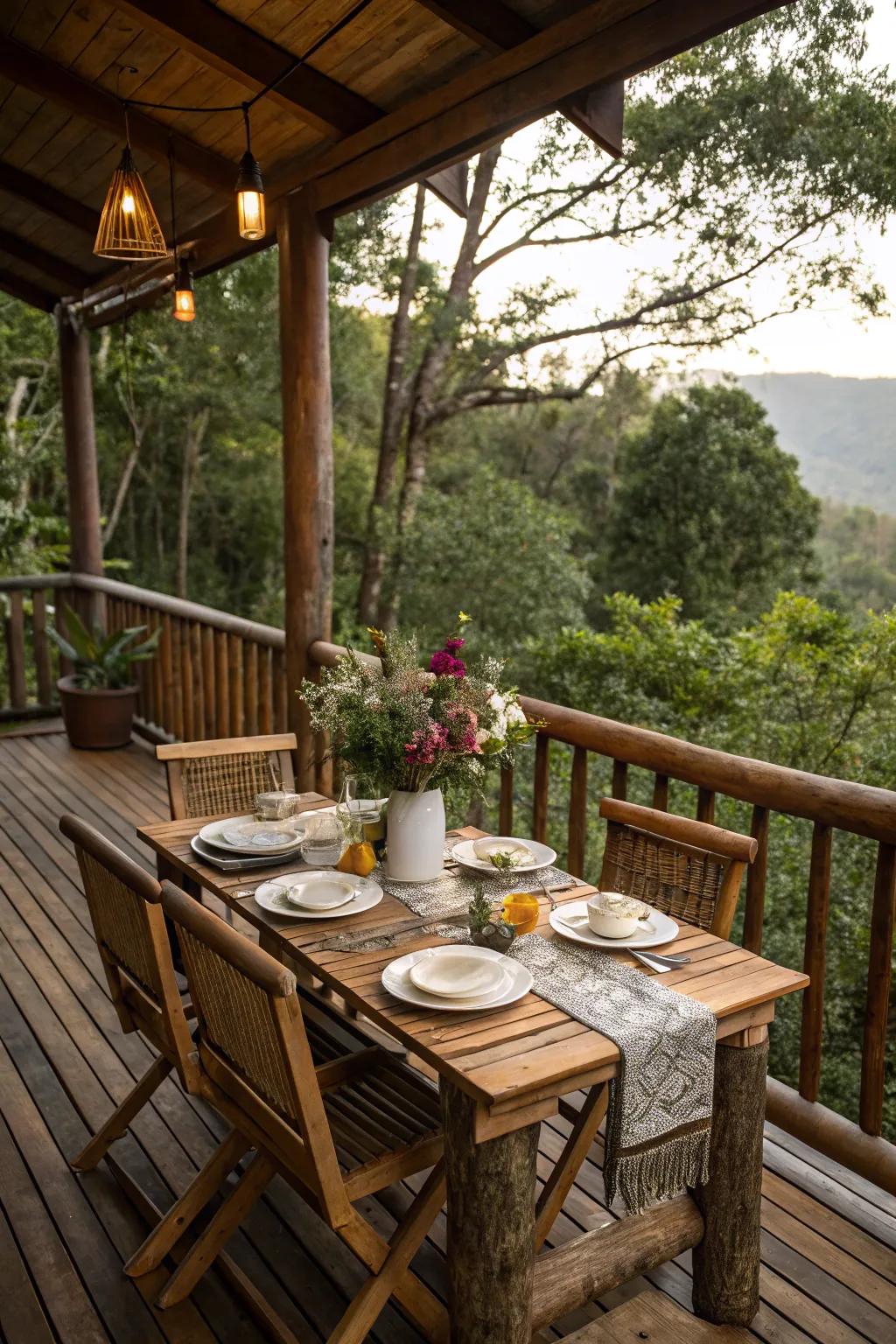 A wood eating table invites outdoor meals on this deck.