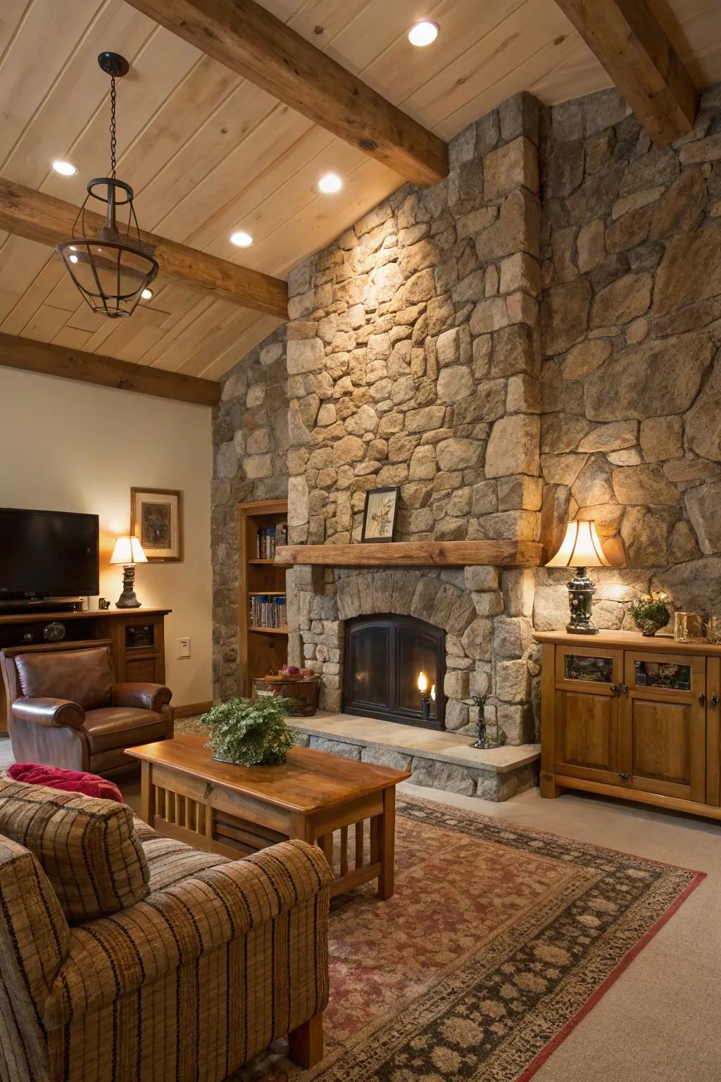 A stone wall adds a dramatic focal point to the room.