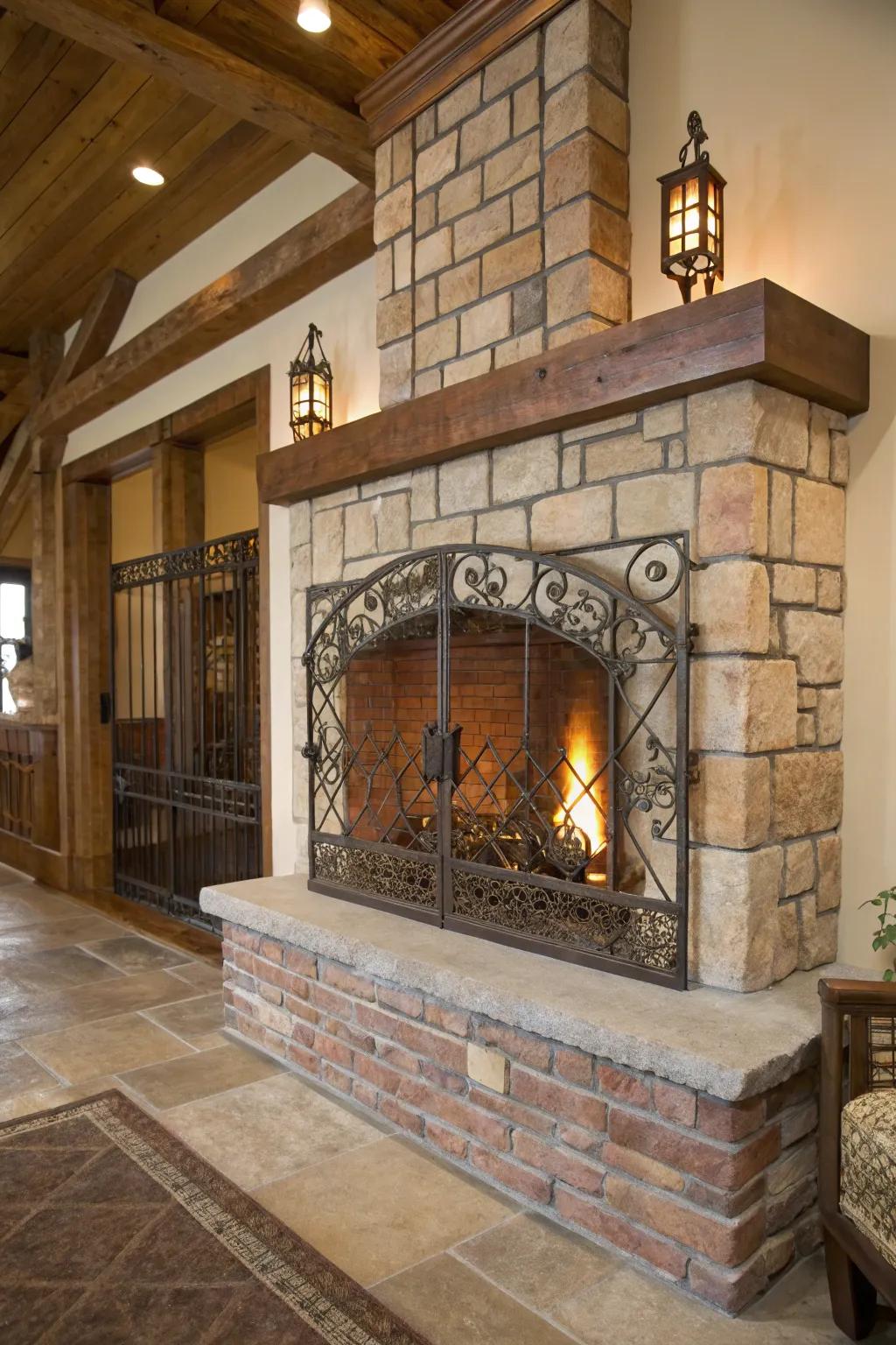 Metallic touches offer industrial flair to this rustic fireplace.