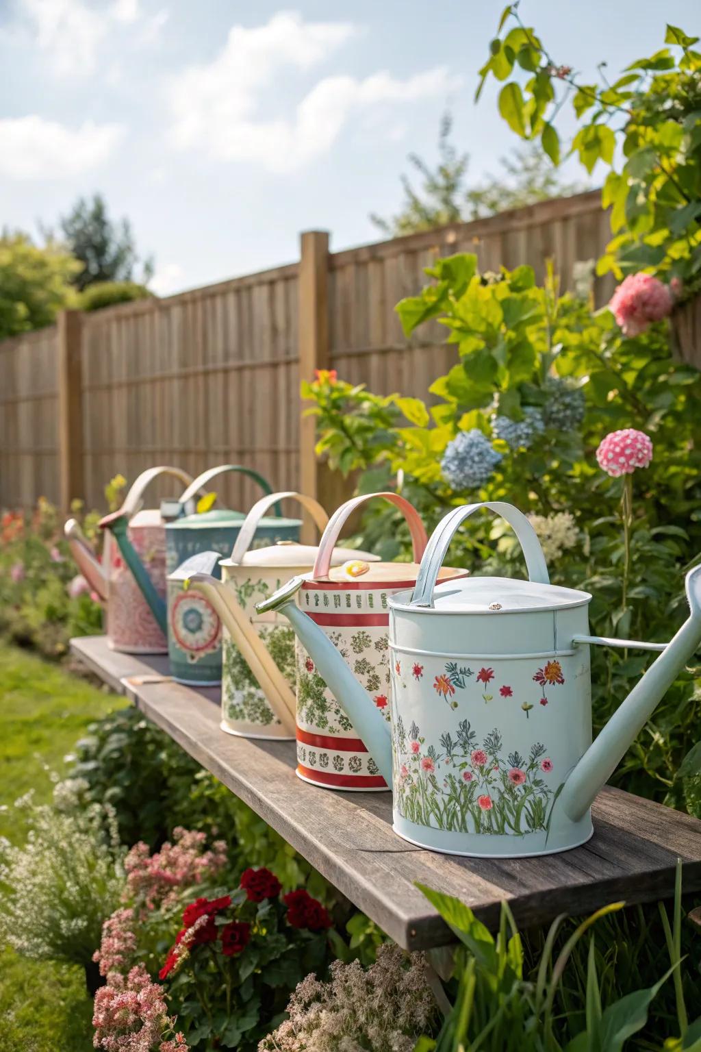 Vintage irrigation vessels adding a nostalgic touch to the garden.