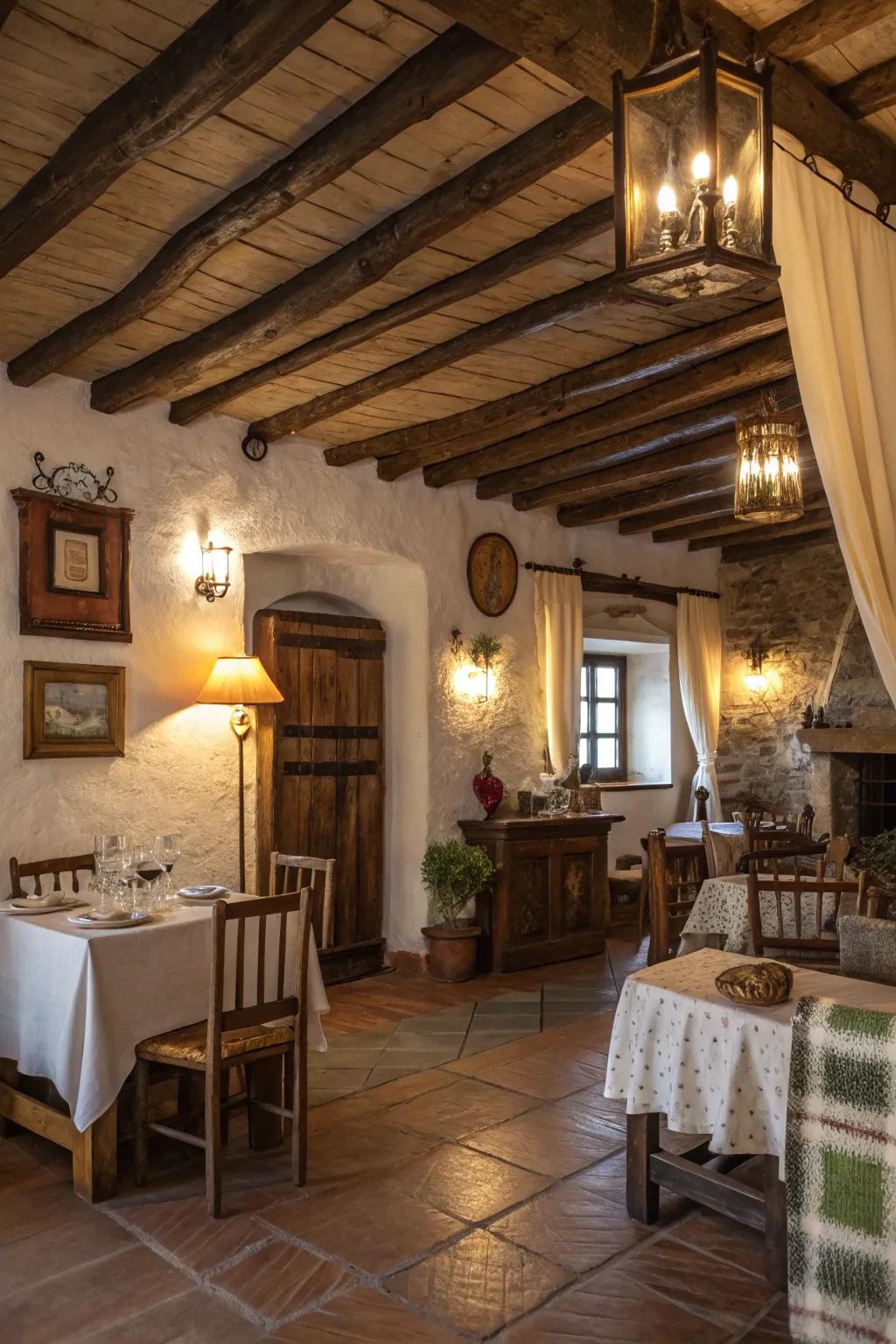 Warm lighting fixtures adorning a rustic room.