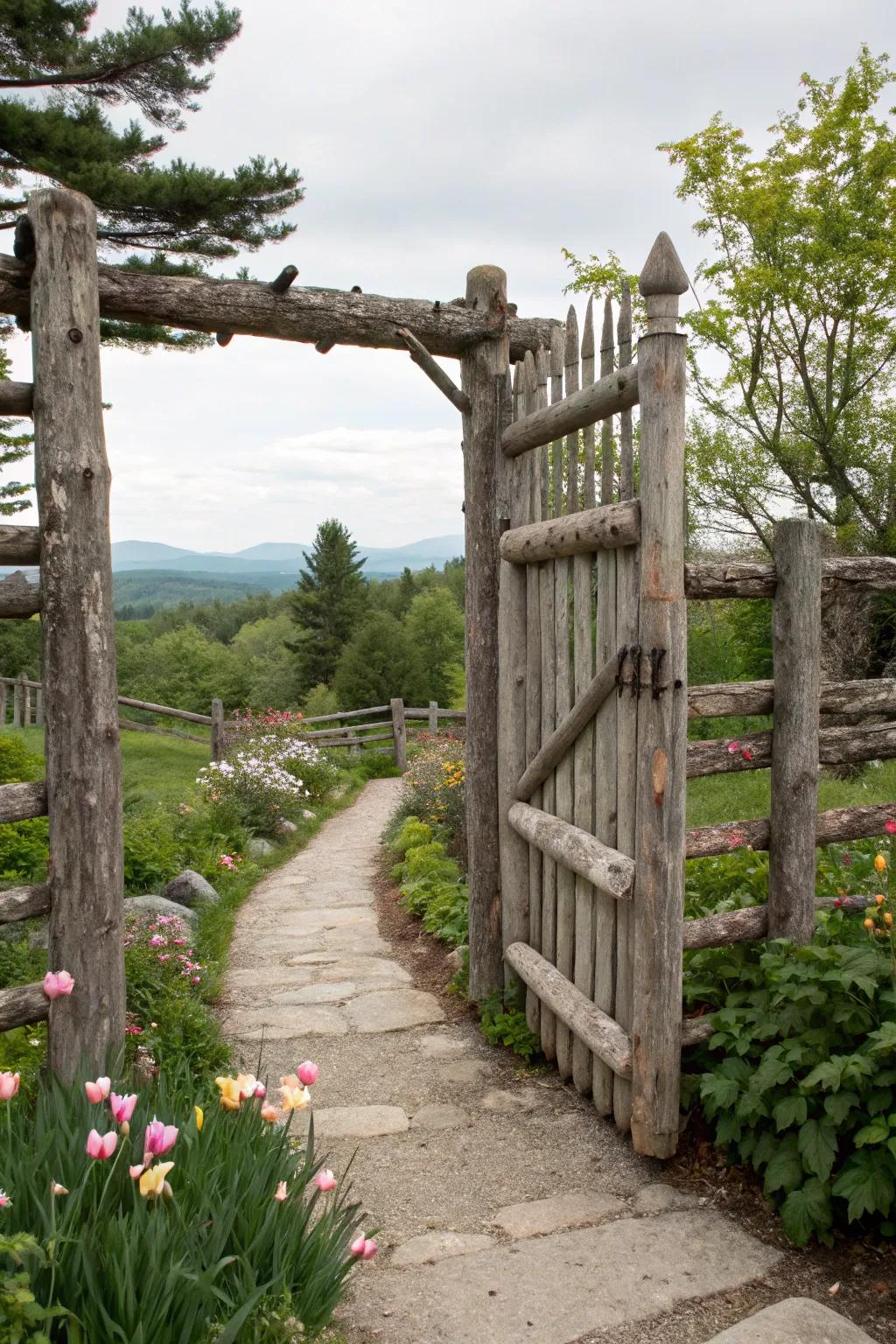 A natural log portal serves as an inviting entryway to a garden path.