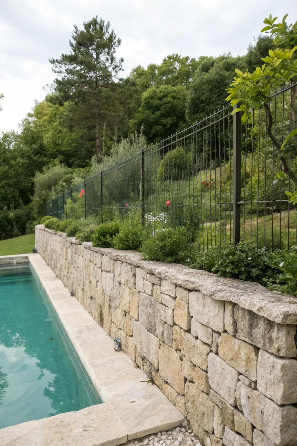 A robust organic rock wall delivering rustic enclosure for the pool.